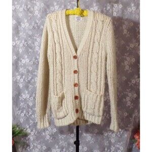 Vintage 70s Cardigan 1970s Cable Knit Preppy Academia Retro Fall Cozy Size Small